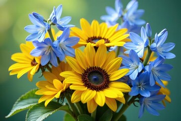 Obraz premium Sunflower bouquet with blue delphiniums and light green foliage, wildflowers, sunflowers