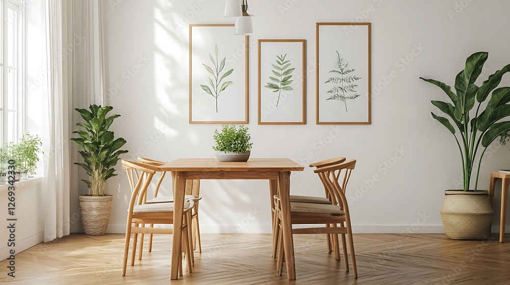 Canvas Prints Bright dining room with wooden table, chairs, plants, and botanical prints.