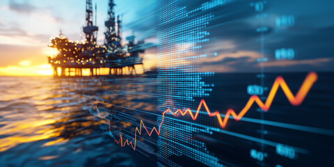 Offshore oil rig at sunset with financial graph overlay, symbolizing market trends
