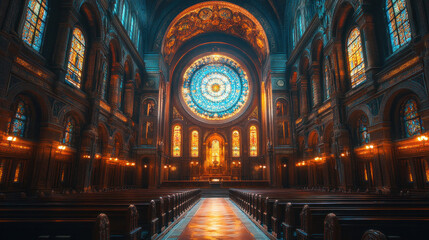 Obraz premium Synagogue interior adorned with intricate carvings and a glowing eternal light
