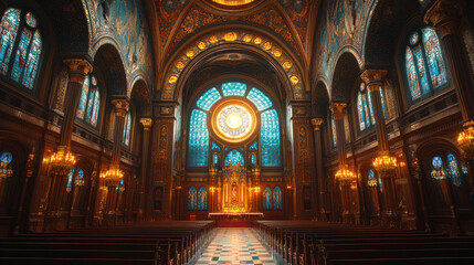 Fototapeta premium Synagogue interior adorned with intricate carvings and a glowing eternal light