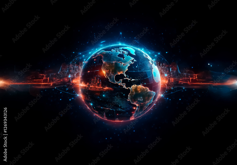 Poster a glowing sphere resembling earth is centrally positioned against a dark background, illuminated by 