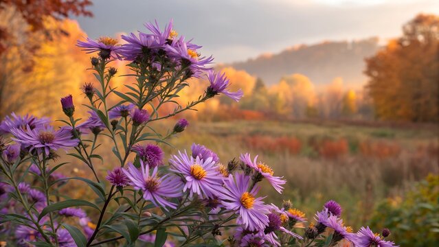 Autumnal Aster Bloom: Vibrant purple asters in full bloom stand majestically against a backdrop of autumnal foliage, bathed in the soft glow of the morning sun. - Powered by Adobe