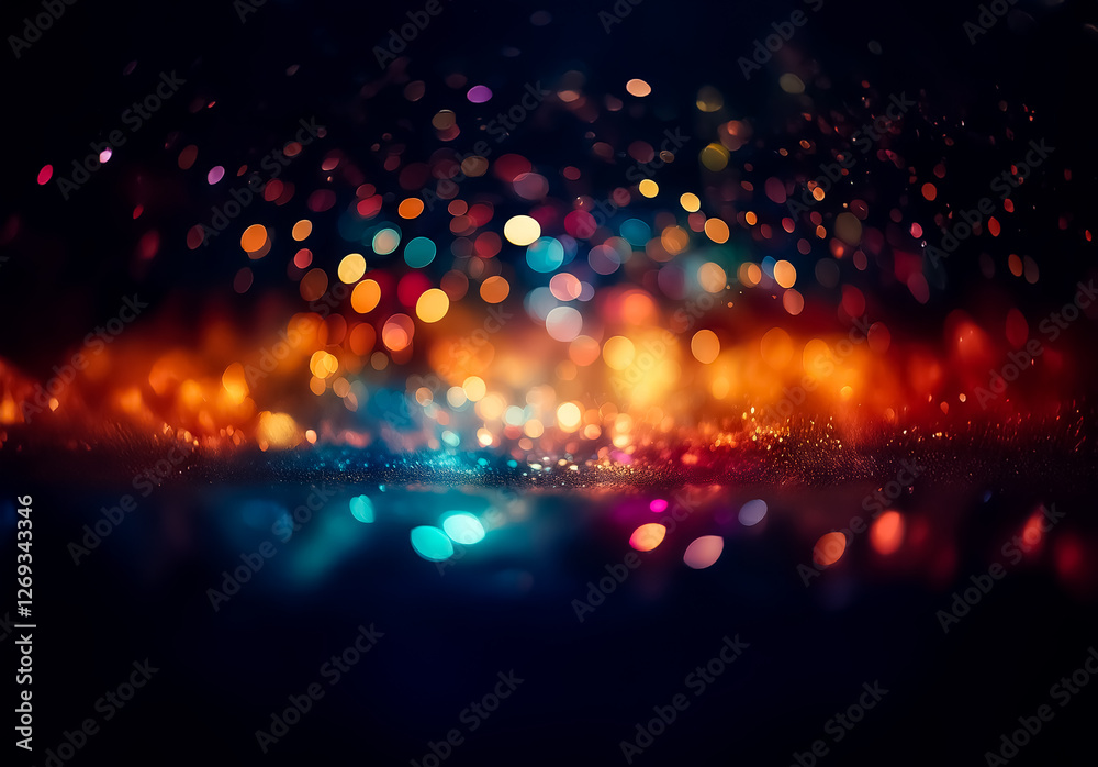 Poster abstract bokeh lights create a vibrant and festive atmosphere against a dark background. colorful or