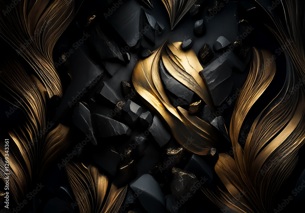 Poster Elegant abstract design with flowing gold lines contrasting against a dark black background. Luxurious and stylish texture.