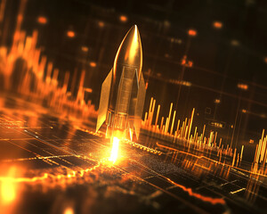 A golden rocket launching over a digital stock market chart, representing rapid growth, technological advancement, and the surge in financial markets or digital investment.