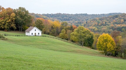Autumnal Countryside Home, Rolling Hills, Fall Foliage, Tranquil Setting, Suitable for Travel, Nature Background