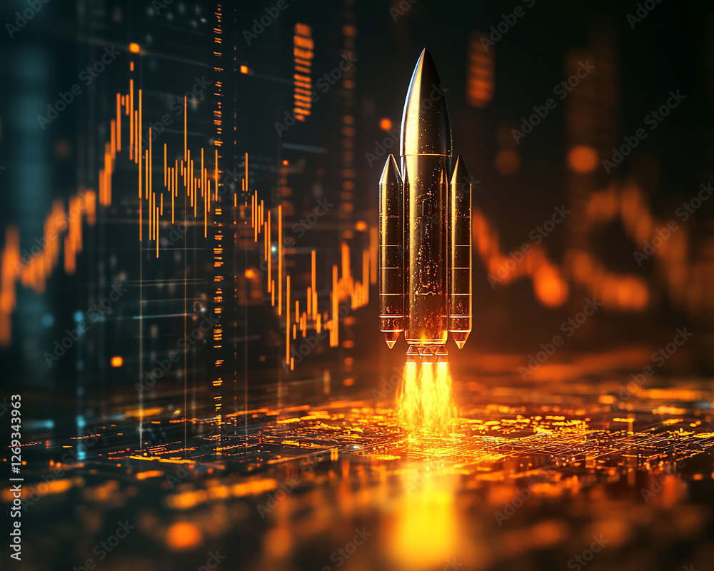 Poster a golden rocket launching from a glowing digital circuit board, surrounded by data and financial gra
