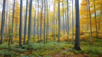 Obraz premium Golden Autumn Sunlight Through Tall Forest Trees