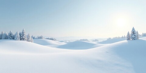 Serene Winter Landscape Snow-Covered Hills and Frosty Evergreens Under a Clear Sky