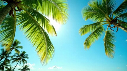 Fototapeta premium Lush Green Palm Fronds Against a Vivid Azure Sky, Illuminated by the Bright Sun's Rays, Creating a Tropical Paradise Scene