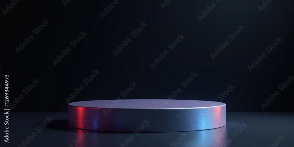 Aufkleber circular metallic platform illuminated with vibrant neon lighting against a dark background, ideal f