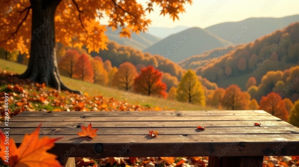 Poster autumnal serenity a rustic wooden table sits amidst fallen leaves, offering a tranquil view of a vib