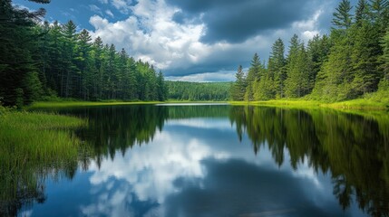 Obraz premium Tranquil lake reflecting a cloudy sky in a pine forest