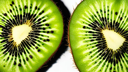 An individual kiwi, sliced into two halves, is presented in isolation on a white background, featuring a precise clipping path