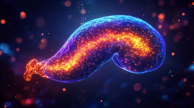 A Vibrant neon pancreas glowing brightly