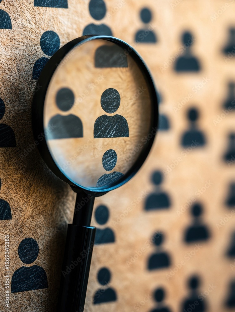Fototapete magnifying glass focusing on one person icon in array representing diverse human resources for.