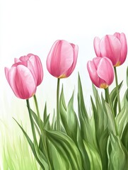 Naklejka premium Watercolor pink tulips spring flowers in the grass background with empty space for text.