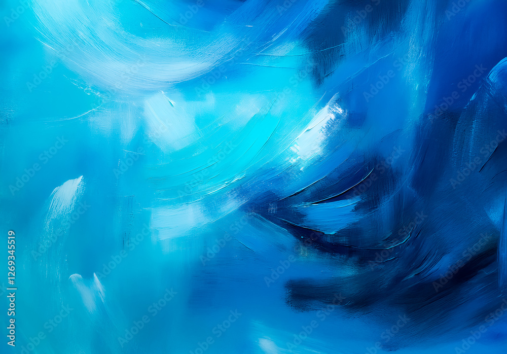 Poster Abstract painting features dynamic blue brushstrokes creating a fluid and swirling composition. Shades of blue evoke depth and movement within the textured canvas.