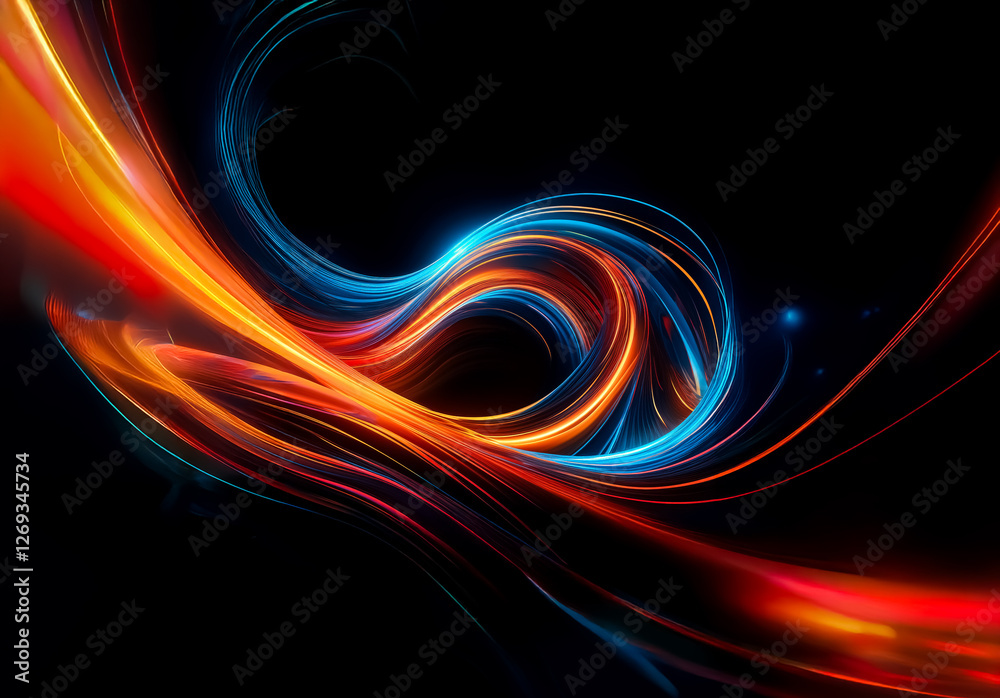 Aufkleber Vibrant swirls of orange, red, and blue light dance against a stark black backdrop, creating a dynamic and abstract design with a sense of flowing energy and modern illumination.