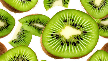A single kiwi fruit, divided into two equal parts, is showcased on a white background, accompanied by a clipping path for enhanced visibility