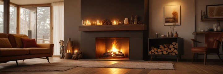 The flames of a roaring fireplace cast a warm and golden glow across the room, creating a cozy and inviting atmosphere, rustic decor, cozy atmosphere, warm glow