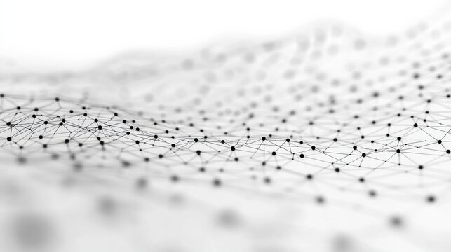 Abstract black and white network of dots and lines on a wavy surface