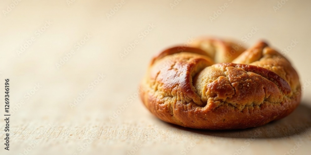 Poster a close-up view of a golden-brown baked good with a unique starburst pattern, resting on a light woo