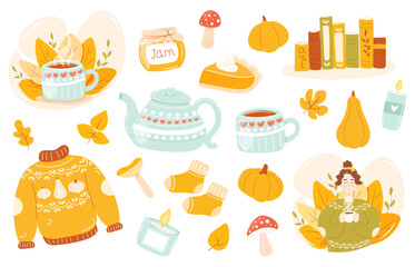 Cozy hand drawn autumn set of vector elements - pumpkins, leaves, mushrooms, sweater, candles, girl holding cup of tea, pumpkin pie, books, mug, tea pot, jam jar. Isolated on white background
