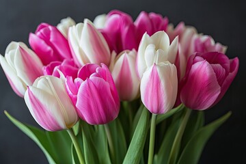 Fototapeta premium Bouquet of pink and white tulips on a dark background. Bouquet of fresh pink and white tulips close-up