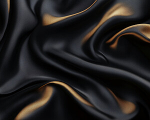 Fototapeta premium Close-up of luxurious black satin fabric with a subtle golden shine, showcasing its smooth texture and elegance. Represents sophistication, richness, and opulence in design.