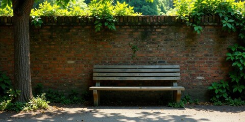 Serene park bench against a weathered brick wall, shaded by lush green foliage, offering a tranquil respite