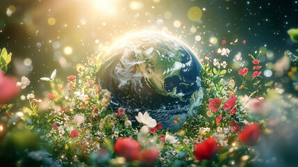 Fototapeta premium Earth surrounded by colorful flowers in a lush nature display