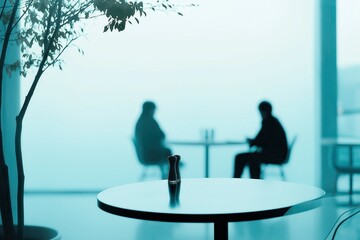 Modern Cafe Setting: Silhouetted Conversations in Minimalist Dining Space with Soft Lighting and Greenery Accents - Perfect for Casual Gatherings.
