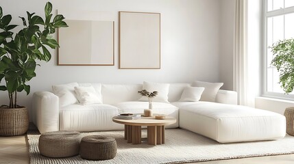 Minimalist living room with white sofa, wooden coffee table, and plants.