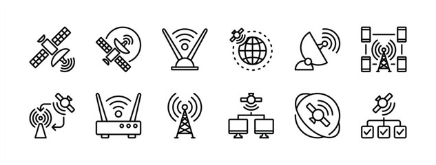 Fototapeta premium Wireless satellite technology thin line icon set. Contains satellite dish, antenna, tower, telecom, connection, internet, server, router signal, international orbit, communication. Vector illustration