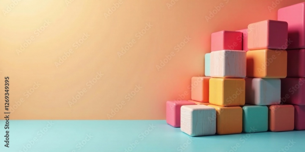 Aufkleber pastel-colored blocks arranged in an ascending formation against a soft peach and light blue backgro