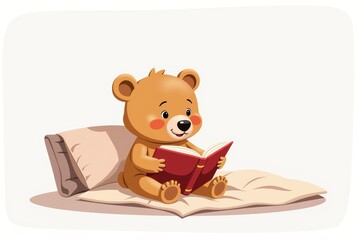 Fototapeta premium Cute bear reading bedtime story on cozy blanket, radiating warmth and innocence. Concept features bear reading bedtime story, promoting comfort and imagination for children.