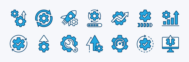 Set of upgrade, update, progress, process, development and improvement icon vector. Contains startup, maintenance, repair, speed, setup, configuration, installation, technology, growth bar