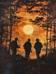 Naklejka premium Soldiers Silhouetted Against the Setting Sun