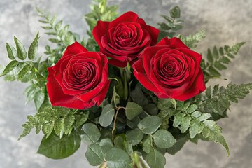 Obraz premium Red roses. The bouquet contains three red roses. A beautiful bouquet of red roses. Soft light. Fisheye lens.