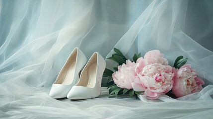 Fototapeta premium Stylish wedding composition with chic white shoes, bouquet of pink peonies on fabric satin background with white veil.