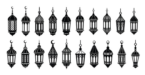 set of silhouette of arabic lantern high detailed. isolated on a transparent background. 
