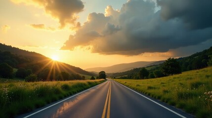 Golden Hour Drive on a Country Road with Sun Rays and Dramatic Clouds