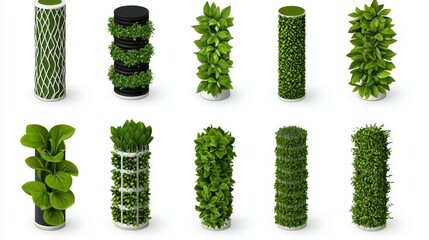 Collection of various green plant columns on a white isolate background.
