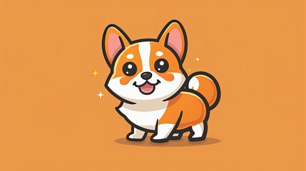 Obraz premium Flat design cartoon of a corgi, showcased on a pastel backdrop for a fun, lighthearted sticker effect.