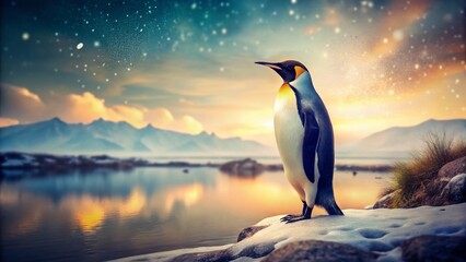 Fototapeta premium Vintage Penguin on Snowy Hillside by Lake - Retro Wildlife Photography