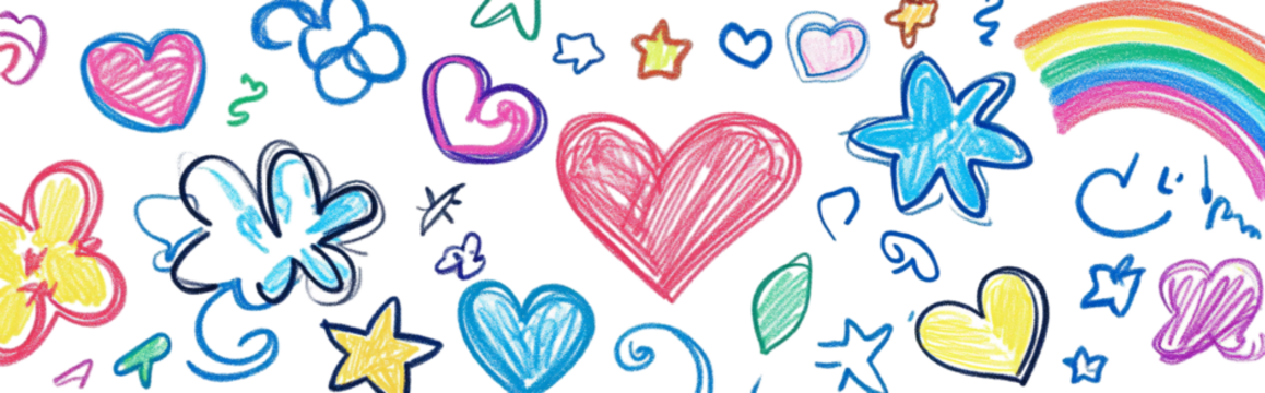 Cute doodle style, colorful drawings of various simple symbols flowers and hearts, clouds, stars, lines png
