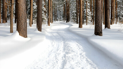 Snowy forest path, winter sunlight, trees, snow drifts, peaceful nature scene