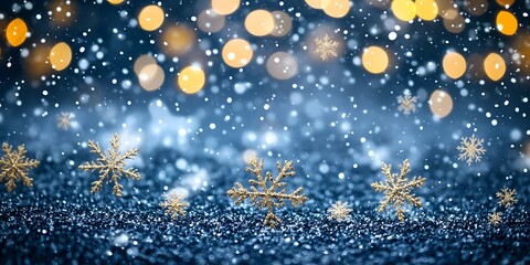 Fototapeta premium Winter Magic Golden snowflakes and shimmering lights against a dark blue background creating a festive and enchanting atmosphere for the winter season